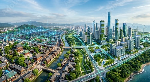 Smart city and digital twin network combining future green tech with traditional historic coastal town for sustainable urban planning