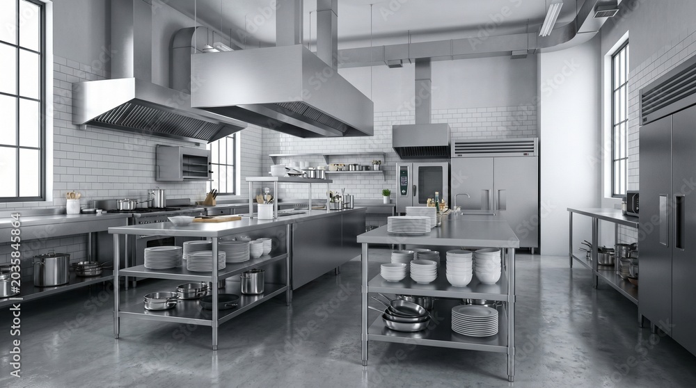 © Olga Ко - Interior de cozinha comercial moderna de restaurante, ambiente limpo, estéril e vazio com equipamentos em aço inoxidável