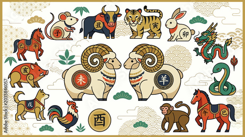 Canvas Print Chinese Zodiac Animal Illustrations, 12 Traditional Asian Horoscope Symbols for
