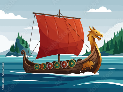 Fotografía Viking Longship Illustration with Red Sail and Dragon Figurehead Sailing on Ocea