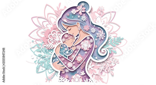 Motherhood Love, Mom Holding Baby, Floral Maternity Art, Gentle Embrace, Soft Colors