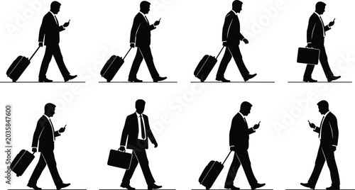 Obraz na plátně Black silhouettes of businesspeople walking with suitcases and briefcases while