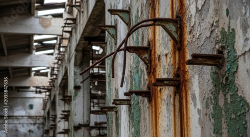 Rusty metal pipes protruding from abandoned industrial wall in decaying factory hall