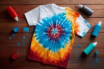 Vibrant colorful tie dye t-shirt with spiral pattern lying on rustic wooden table background with dye bottles and splatters, concept for creative hobby workshop, apparel design and branding