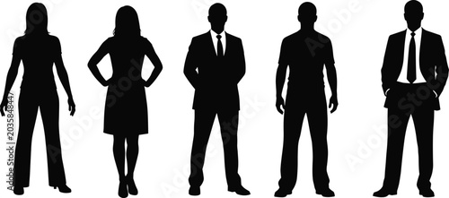 Bild auf Leinwand Five black silhouettes of standing human figures in varied professional and casual attire, symbolizing diversity, teamwork, office culture, and modern lifestyle representation