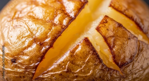 Macro photography of a perfectly baked potato, showcasing its crispy golden skin and fluffy interior, a delightful comfort food dish