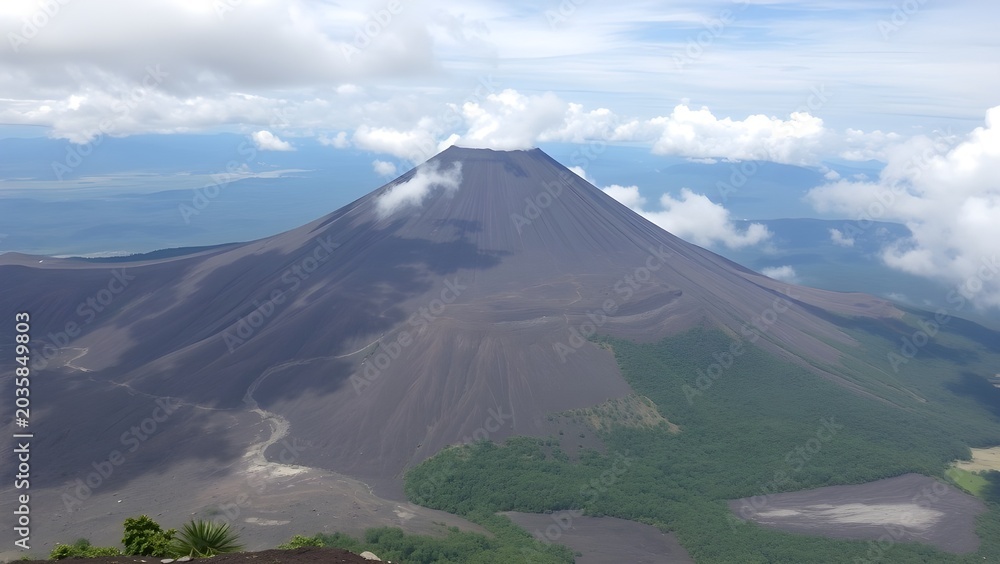 Fototapeta premium Majestic Volcanic Mountain Peak with Lush Green Forest Under Dramatic Cloudy Sky