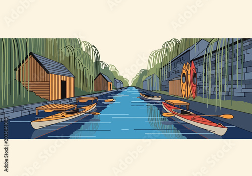 Foto Peaceful Canal with Kayaks and Rustic Boathouses, Serene Waterway Vector Illustr