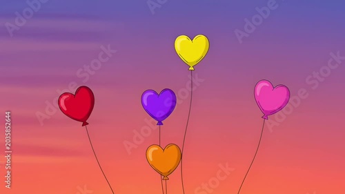 Colorful Heart Balloons Floating, Romantic Sunset Sky, Celebration Ambiance