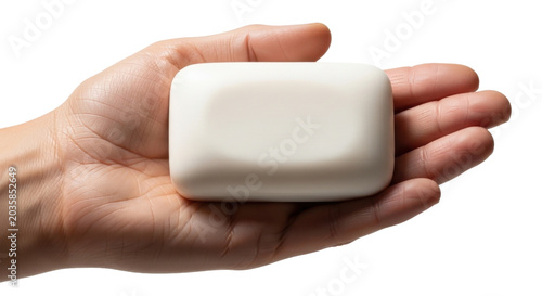 Hand holding white bar soap