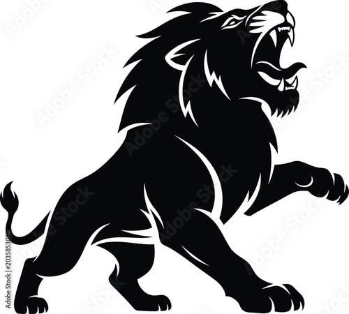 Black lion graphic with open mouth.