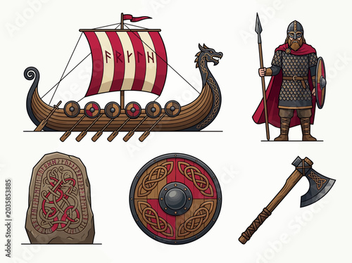 Quadro su tela Viking Illustration Set with Longship, Warrior, Runestone, Shield, and Battle Ax