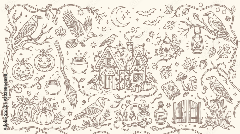 Fototapeta premium Whimsical Halloween illustration featuring a charming cottage, pumpkins, crows, and mystical elements in a vintage, hand-drawn style.