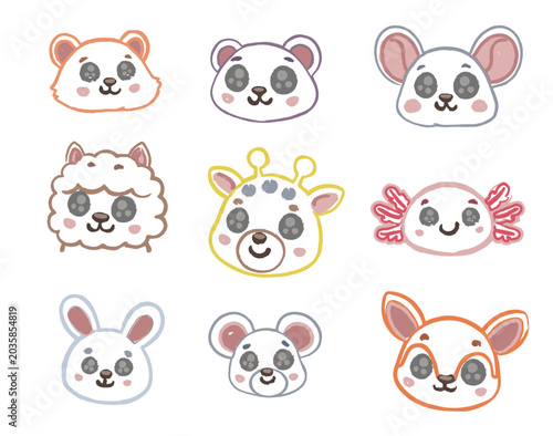 illustration of a  variety of wild life animal faces flat design charcoal hand drawn stylized on isolated white background