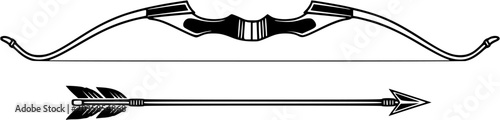 Bow arrow set with feathers isolated on white background. Vector icon illustration