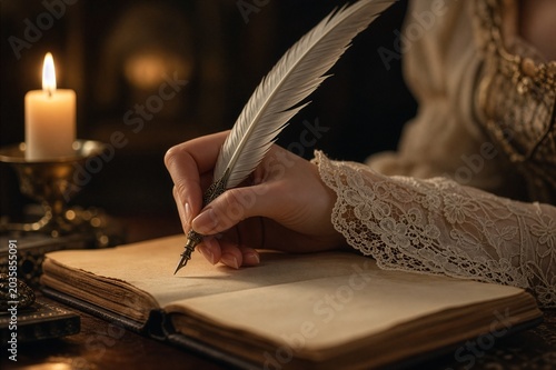 Graceful Hand in Delicate Lace Sleeve Writing with Majestic White Feather Quill in Ancient Leather Book by Warm Romantic Candlelight
