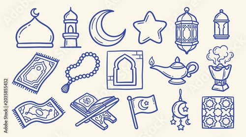 Foto Collection of Islamic cultural icons and symbols, including mosque elements, crescent moon, star, prayer rug, rosary, Quran, and lanterns, in a doodle art style