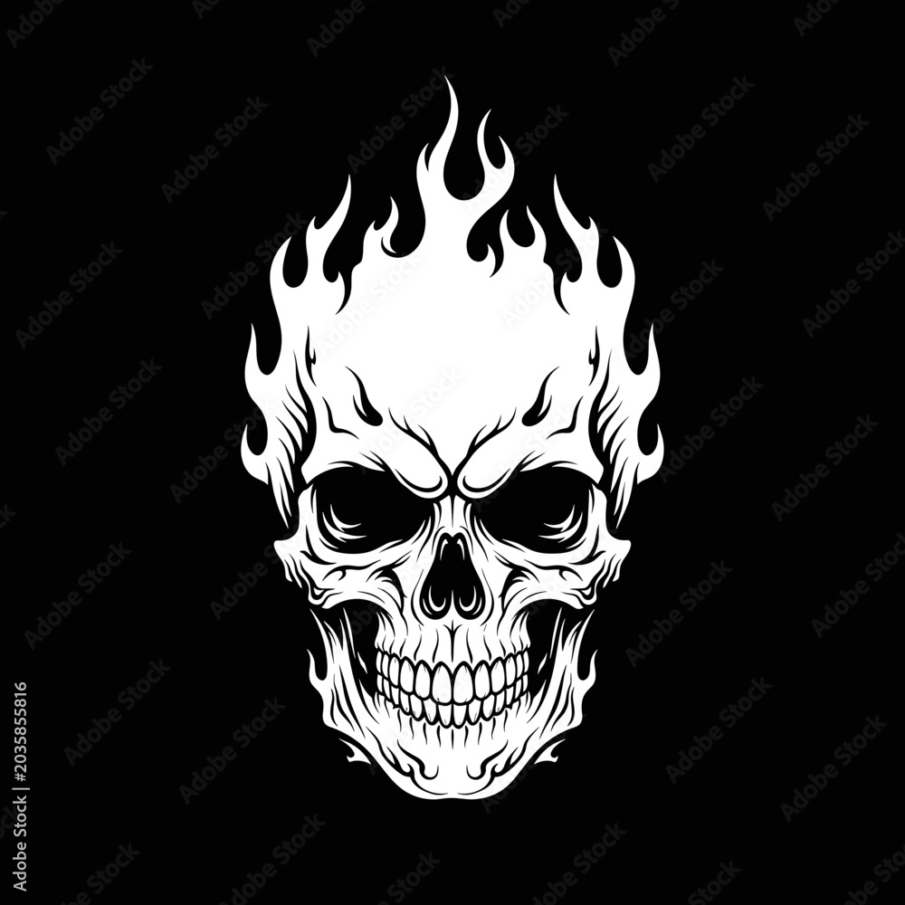 Fototapeta premium Flaming Skull Illustration with Intense Gaze and Detailed Anatomy.
