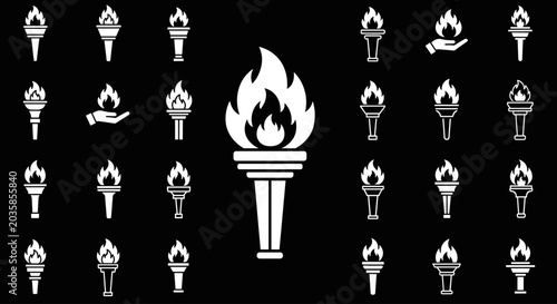 Collection of White Torch Icons on Black Background.