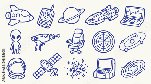 Obraz na płótnie Collection of hand-drawn doodle icons representing space exploration and science fiction themes