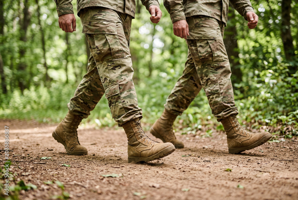 Fototapeta premium Two army soldiers walk in uniform on a dirt path outdoors