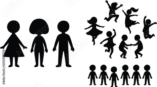 Bild auf Leinwand Children silhouette collection with playful kids jumping standing dancing and so