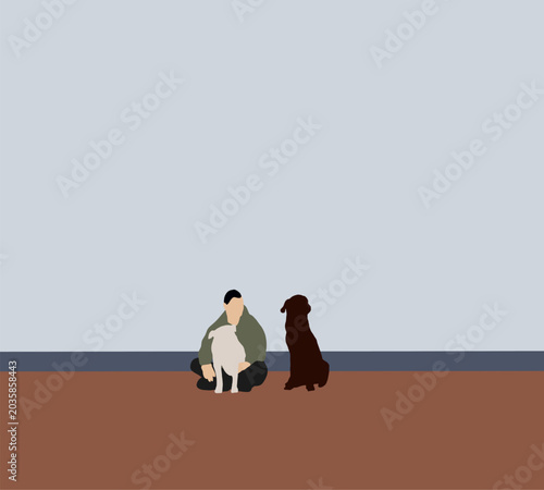 Man playing with dogs on street floor. Spending Time with his pet. Relaxation on weekend. 