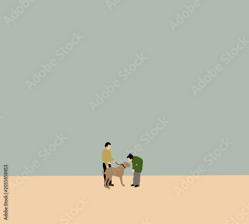 Man walking with dogs on street and woman care adorable with dog. Morning exercise and Relaxation on weekend. 