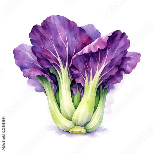 Watercolor purple Bok Choy isolated on white background 