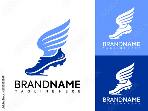 Vector graphic illustration of a winged shoe logo design with brand name and tagline on different colored backgrounds for business or sports brand identity