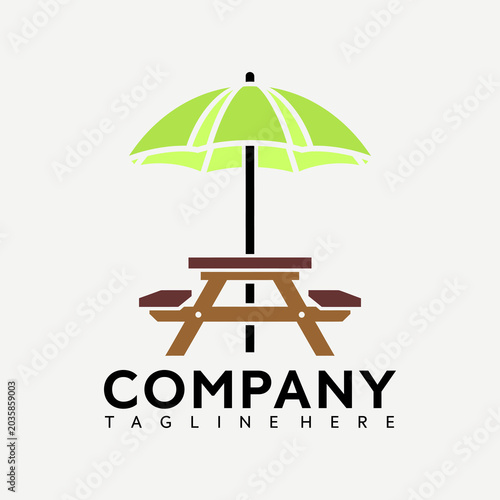 Modern vector graphic illustration of a picnic table with umbrella for company branding and outdoor advertising use