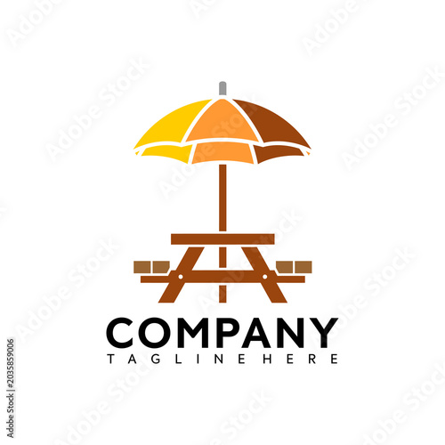 Colorful umbrella logo for a company with a picnic table design element and a modern graphic illustration style on a white background with brown and yellow hues.