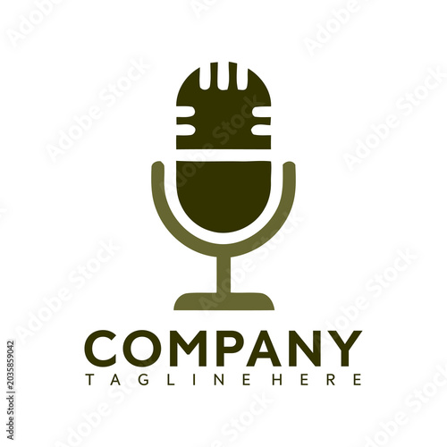 Stylish vector graphic illustration of a green microphone with a stand and company tagline for a business or brand identity design