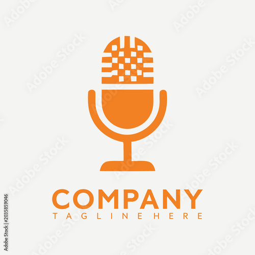 Orange vector graphic illustration of a microphone with a pixelated mesh and a company tagline placeholder text on a clean white background design