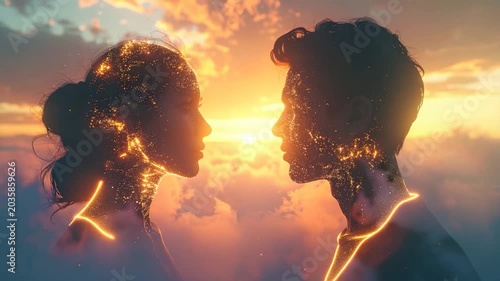 Silhouetted figures facing each other, filled with sparkling golden light