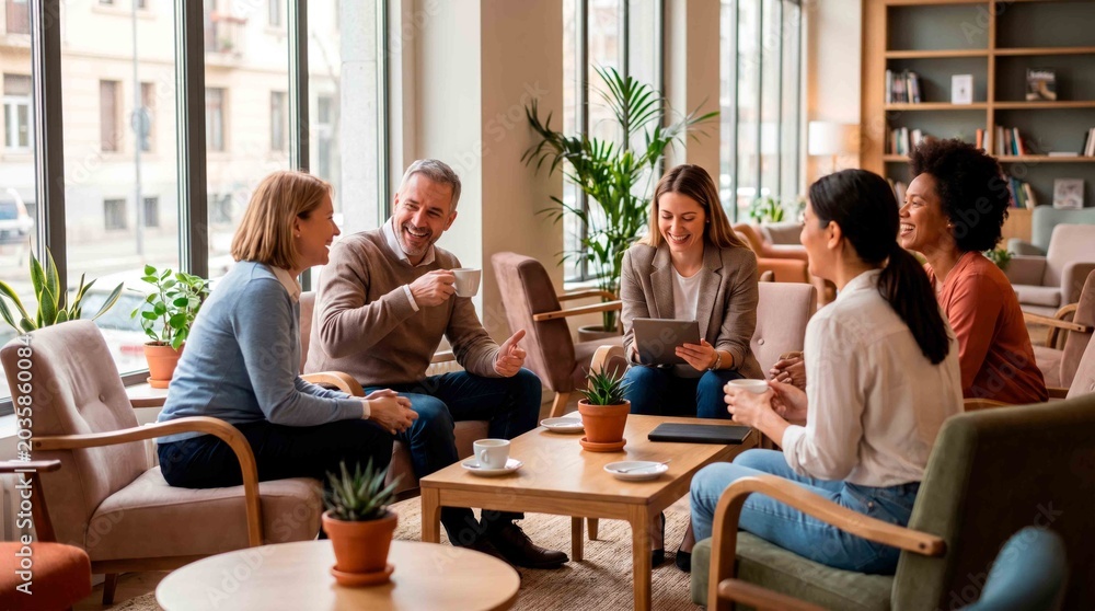 Obraz premium Diverse group of colleagues enjoying coffee break and conversation in a modern office lounge