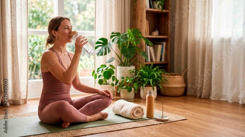 Woman drinking water after yoga session at home surrounded by plants and natural light
