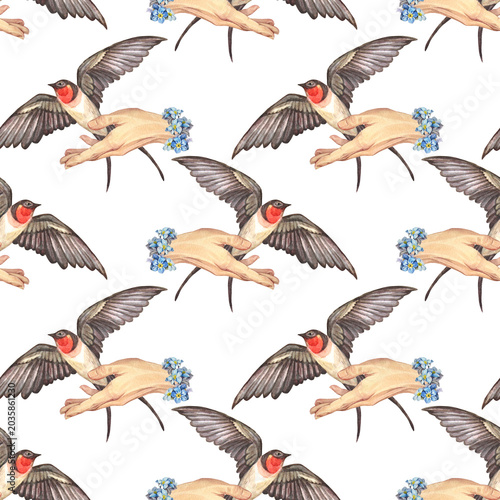 Slika na platnu Watercolor seamless pattern with flying swallow in hand with flower forget-me-not on white background