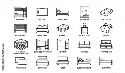 Bedroom furniture icons vector thin line mattress bed pillow set