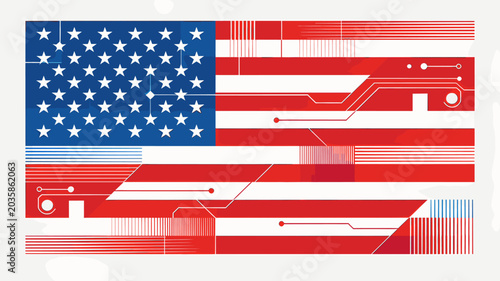 Принти на полотні A stylized American flag with integrated circuit board patterns and digital elements, representing technology and patriotism