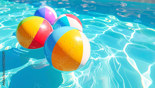 Beach Balls in Pool: A vibrant collection of colorful beach balls float serenely on the sparkling blue surface of a swimming pool, embodying the essence of summer fun and relaxation.
