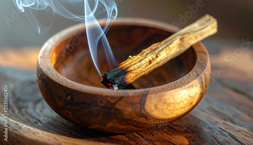 Palo Santo Smudge in Wooden Bowl: A stick of palo santo wood smolders in a rustic wooden bowl, releasing fragrant smoke that curls and dissipates, creating an atmosphere of calm and purification.