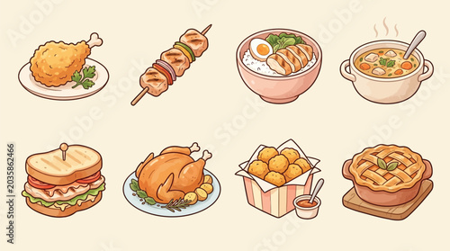 Photos A collection of delicious and diverse food illustrations, including fried chicken, skewers, soup, and pie