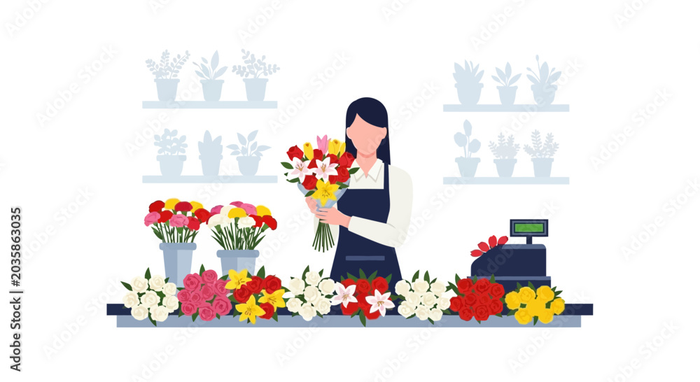 Fototapeta premium Florist Arranging Bouquet in Flower Shop