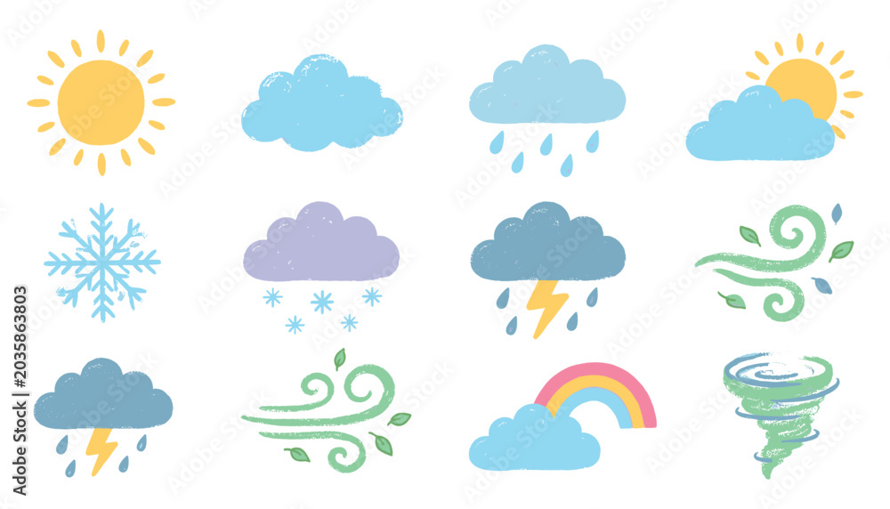 Obraz premium Weather icons vector illustration set sun clouds rain snow wind.