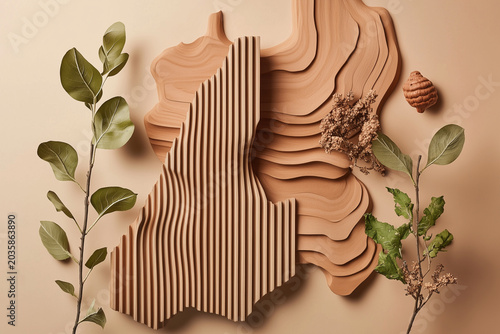Handcrafted wooden home decoration with curve and wavy texture surround by brunch of dry plant. Minimalist eco futurism, with sustainable materials.