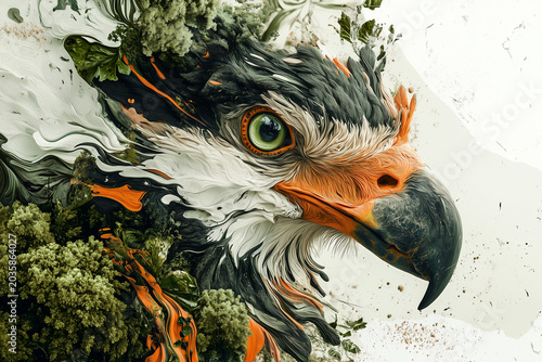 Falcon with sharp beak and eyes isolated on white background, capturing wildlife and nature on fur flowing through the wind. Surreal animal art.