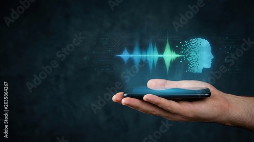 AI voice cloning call scam translation language speech synthesis concept with digital human face and sound wave above smartphone in hand