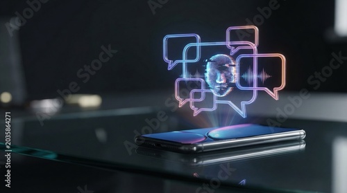 AI voice cloning call scam translation language speech synthesis concept with holographic face and chat bubbles above smartphone