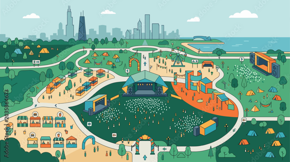 Obraz premium This flat design illustration provides a clear, aerial view of a bustling music festival layout, showcasing various stages, food vendors, and attendee pathways.